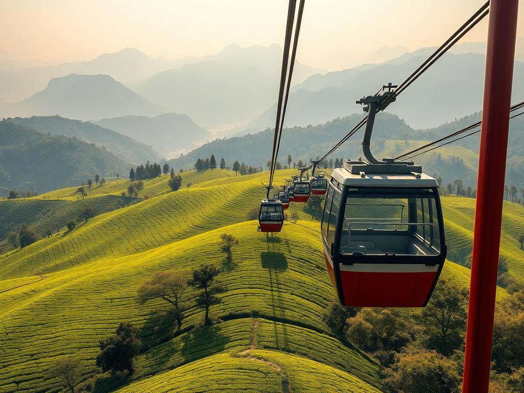 A panoramic view from a cable car, showcasing vibrant green