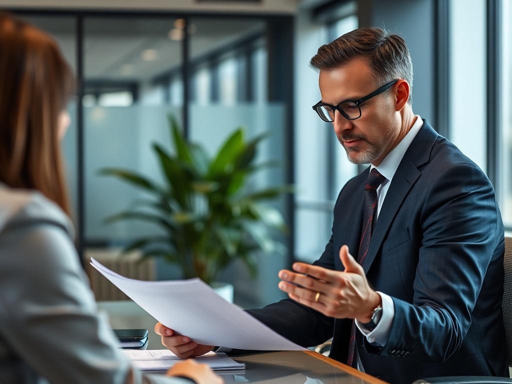 A professional consultant in an office setting, focused on a