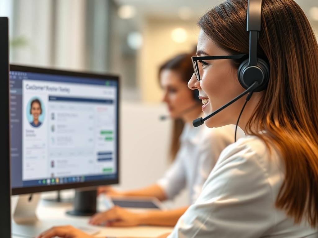 A close up shot of a customer service representative engaged