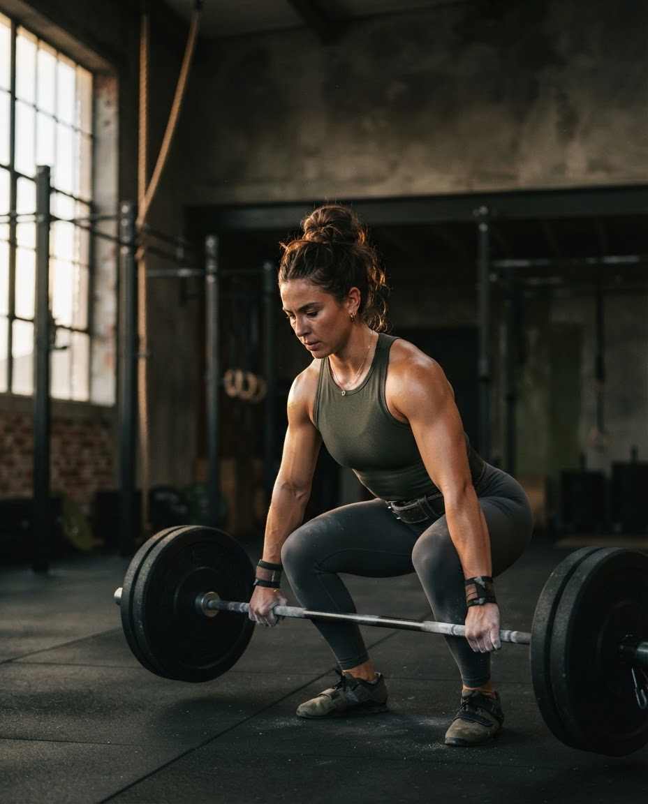 Athlete training with a barbell in a softly lit gym