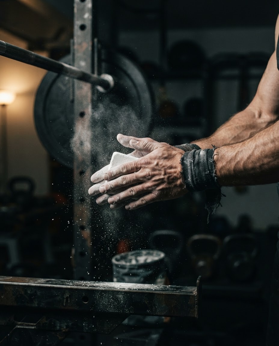 Hands chalking up before a strength training session