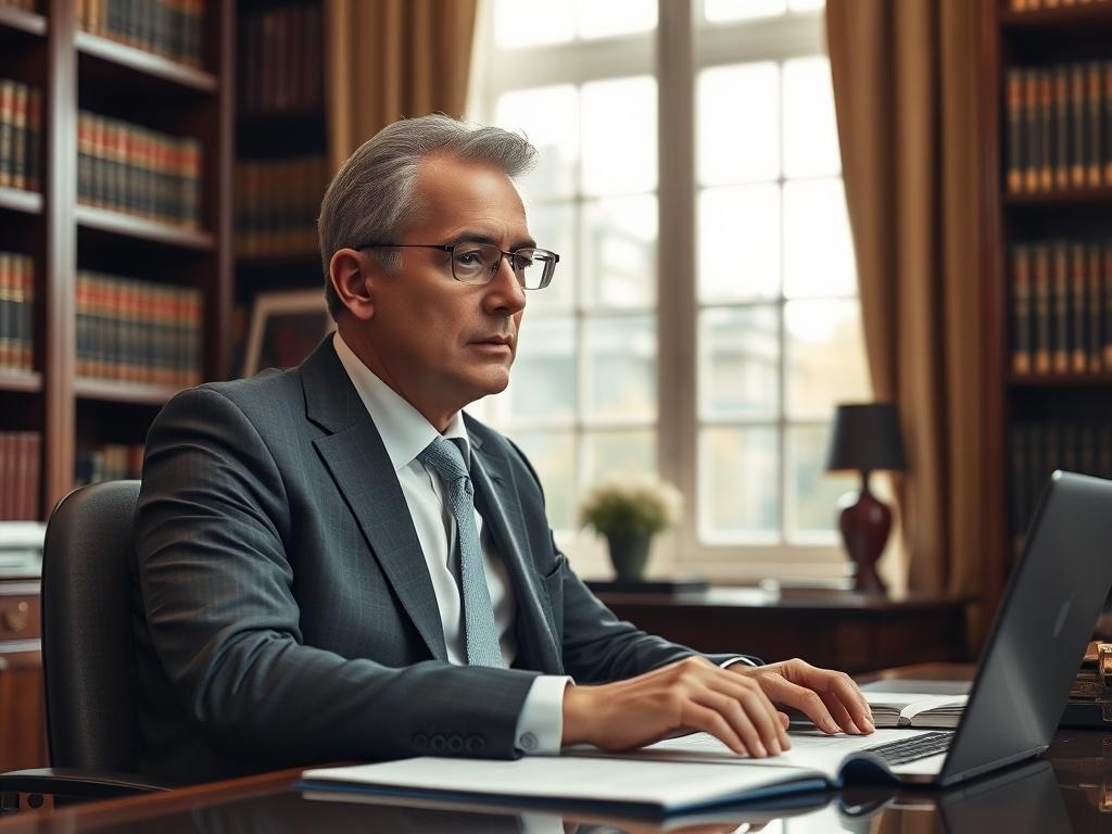 A hyper-realistic image of a professional lawyer in an elegant office setting, sitting at a desk with legal documents and a laptop. The lawyer, a middle-aged man in a tailored suit, is engaged in a thoughtful discussion, with a focused expression. In the background, shelves filled with law books and a large window letting in natural light create a warm and inviting atmosphere. The color scheme should subtly incorporate the primary color rgb(2, 86, 197).
