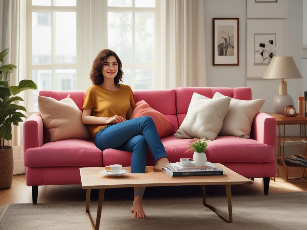 A beautiful housewife in chic casual wear, sitting comfortably on