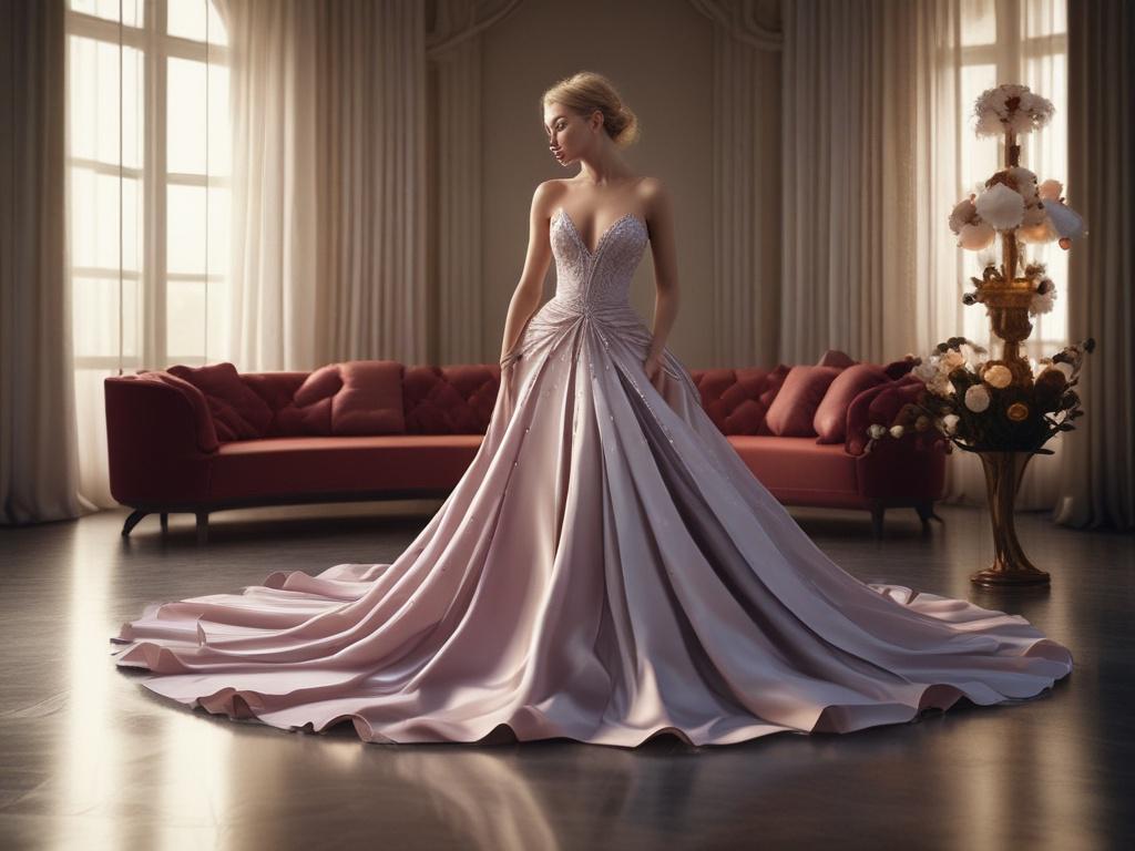 A striking ramp model in an elegant evening gown, gracefully