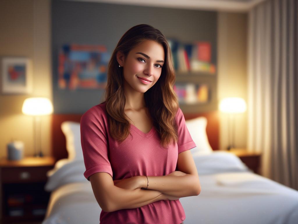 A vibrant, youthful college girl with a charming smile, dressed