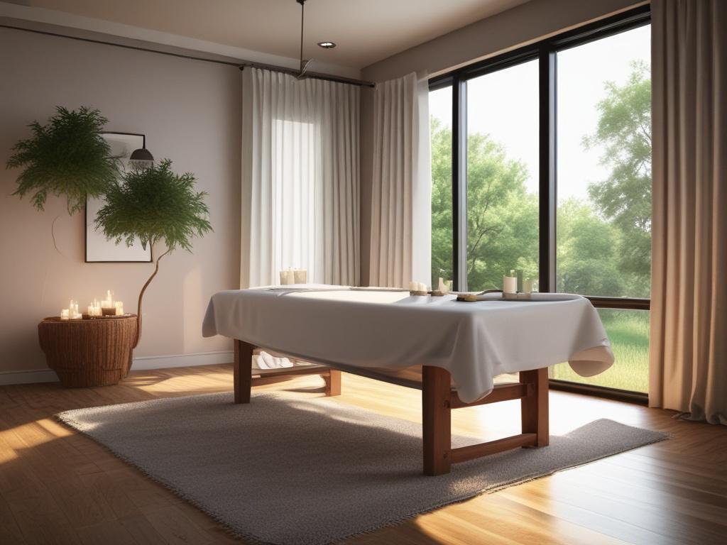 A serene setting featuring a luxurious massage table adorned with