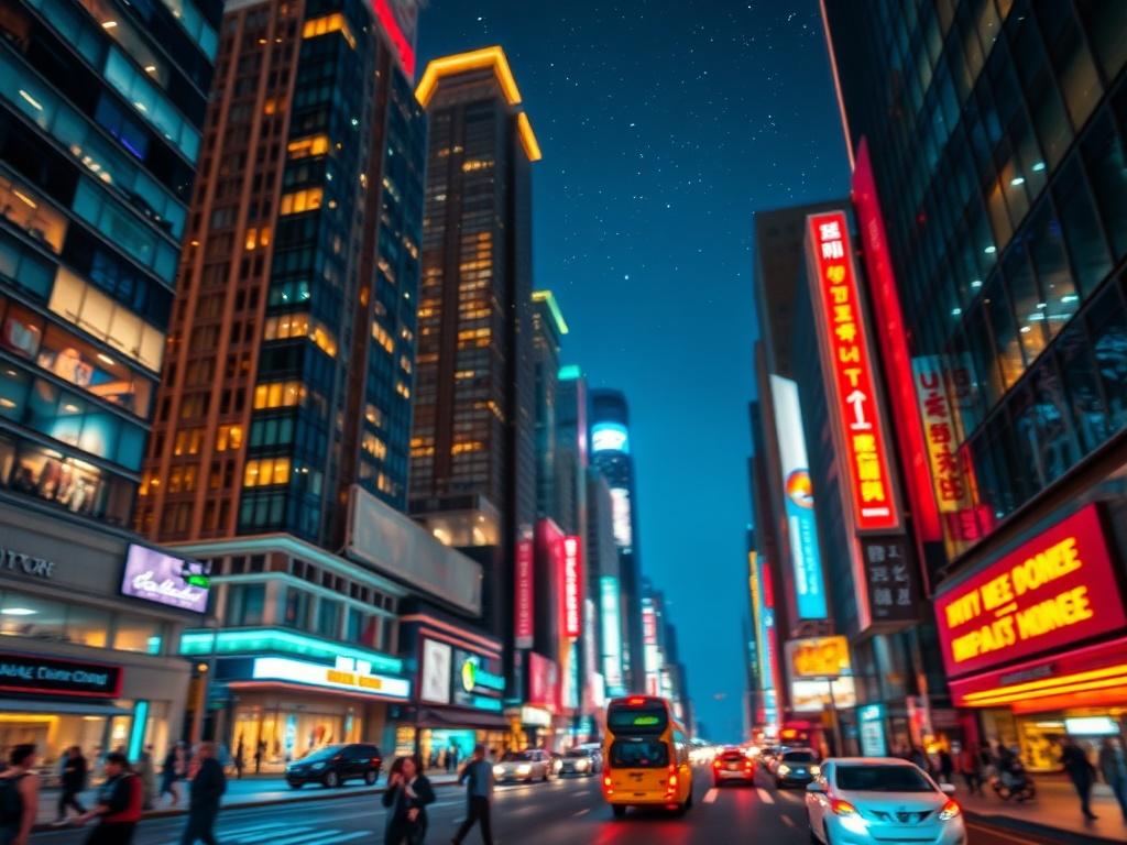 A vibrant digital cityscape showcasing a bustling urban environment at
