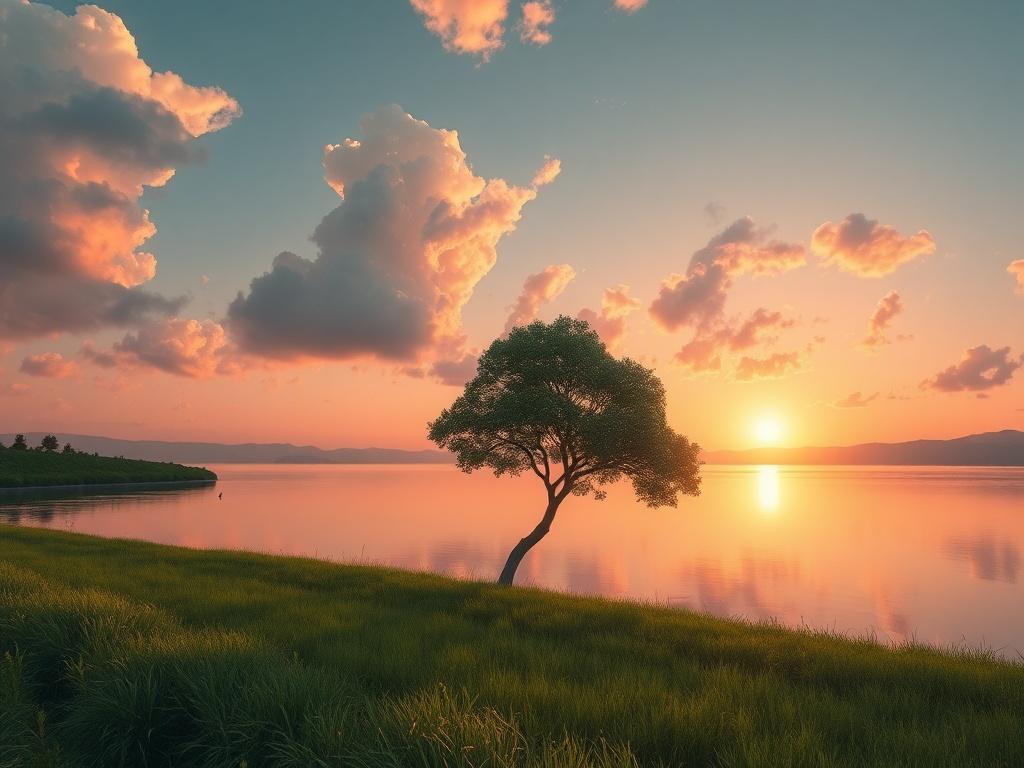 A peaceful digital landscape depicting a tranquil sunset over a