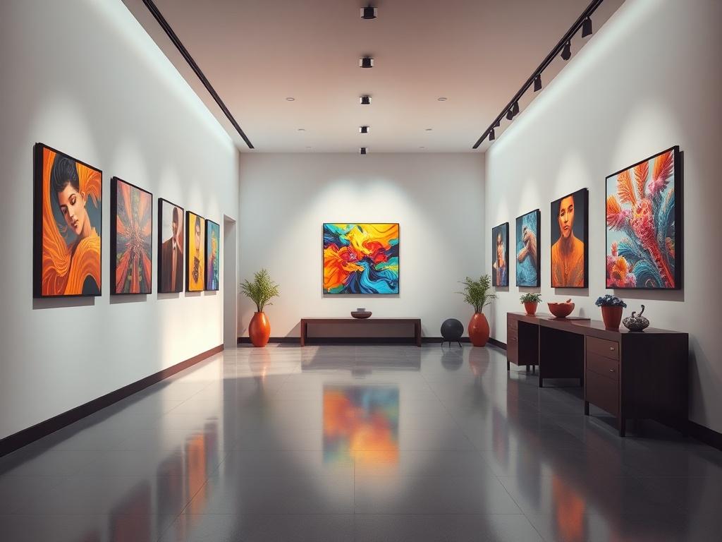 A realistic high resolution of a modern digital art gallery