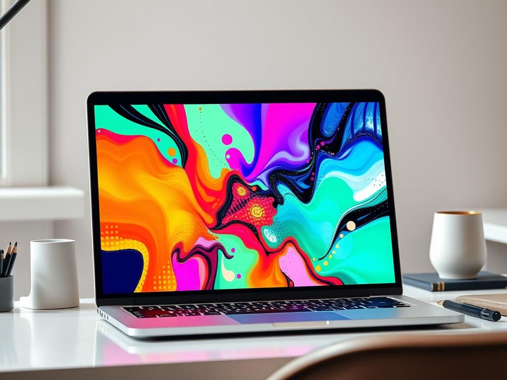 A vibrant digital wallpaper displayed on a laptop screen, featuring