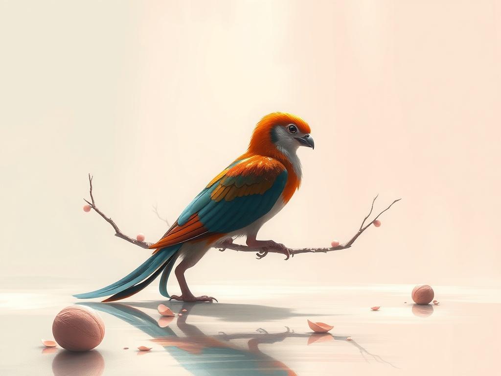 An impressive digital painting that combines realism with imaginative elements. The art should depict a singular subject in a serene environment, surrounded by subtle details that enrich the composition. The background should be simple yet effective, allowing the vibrant colors of the foreground to shine and engage the viewer.