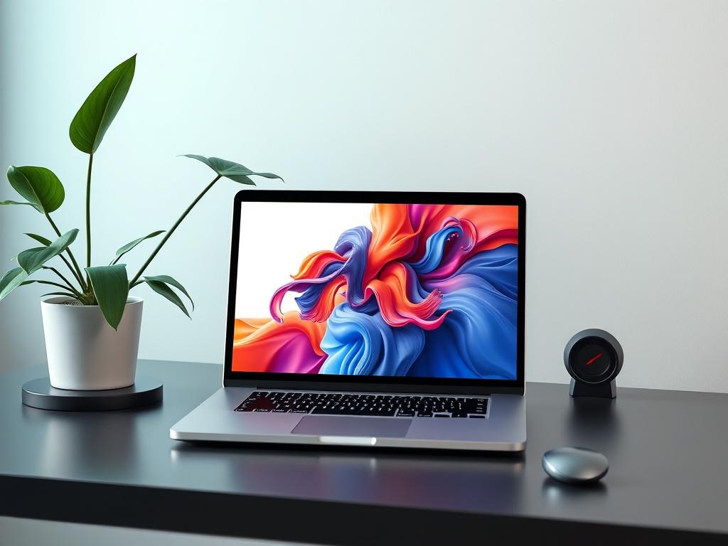 A high-resolution photo displaying a digital art piece on a sleek laptop screen, set on a minimalist desk with a plant in the background. The image should convey a modern, creative workspace atmosphere.