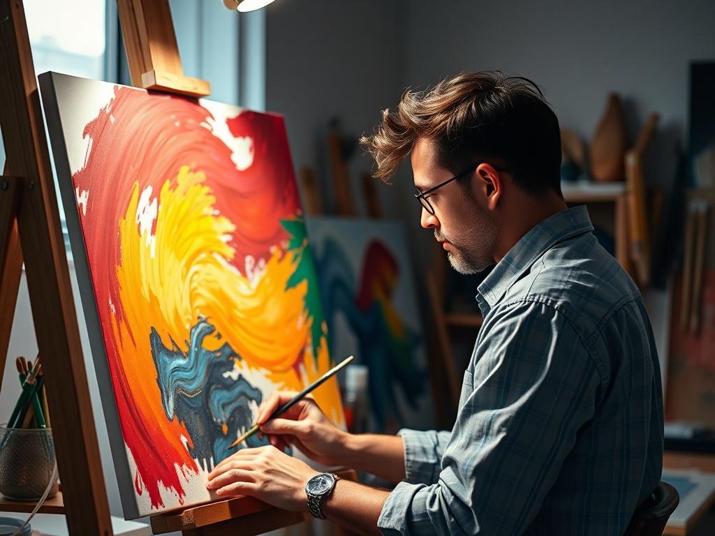 A high-resolution photo capturing an artist at work on a custom commission, showcasing vibrant colors and detailed brush strokes. The artist should be in a well-lit studio, with art supplies and unfinished pieces visible in the background.