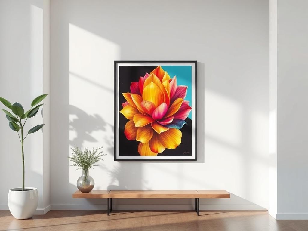A high-resolution photo of a vibrant art print displayed in a minimalistic setting, featuring clean lines and bold colors. The print should be the central focus, set against a simple white wall, with natural light illuminating its details.