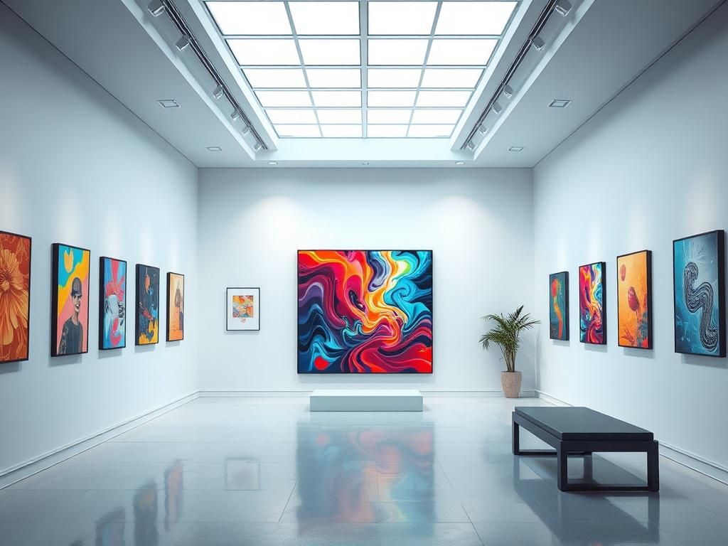 A serene digital art gallery interior with vibrant artwork on display. The setting is minimalistic, featuring clean lines and soft lighting that highlights the colors of the art pieces. The focus is on a single stunning piece of digital artwork, showcasing bold vibrant colors and intricate details, surrounded by a calming atmosphere.