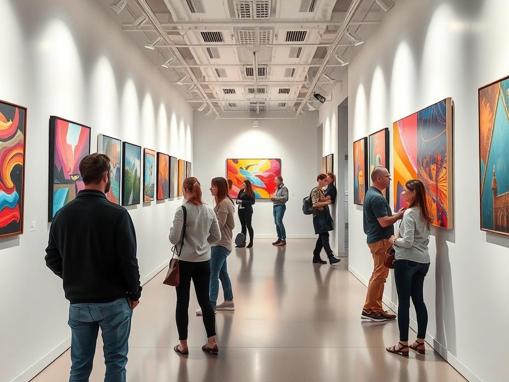 A vibrant art gallery featuring various digital art pieces displayed on white walls. The gallery is well-lit with spotlights highlighting the artworks. In the foreground, a visitor admires a colorful abstract piece, while other art enthusiasts engage in conversation in the background. The overall ambiance is lively and creative, with a focus on the artwork.