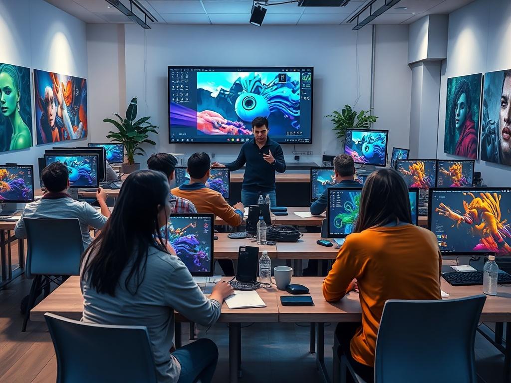 An engaging digital art workshop in progress, with students seated at computers focused on their screens. An instructor guides participants, showcasing techniques on a large display. The room is filled with vibrant colors from the digital art being created. The atmosphere is collaborative and inspiring, with students sharing ideas and working on their projects.