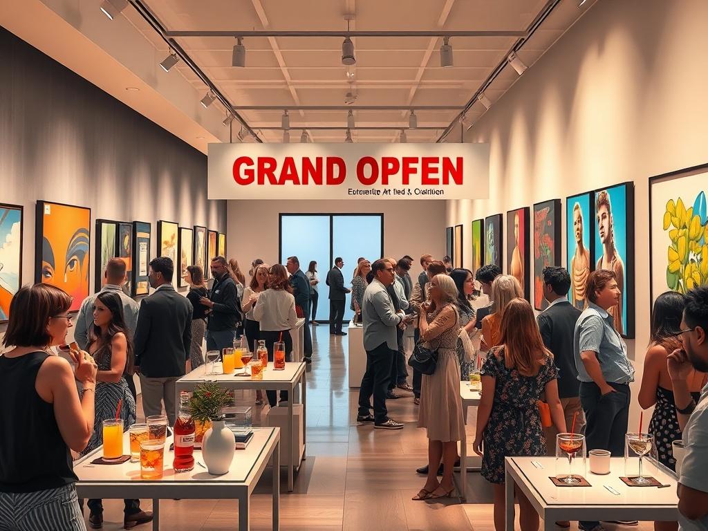 A lively gallery opening night scene with guests mingling and admiring digital art pieces. The atmosphere is festive, with refreshments on tables and a banner announcing the grand opening. Guests are engaged in conversations, and the gallery walls are adorned with colorful artworks. The lighting is warm and inviting, creating a celebratory mood.