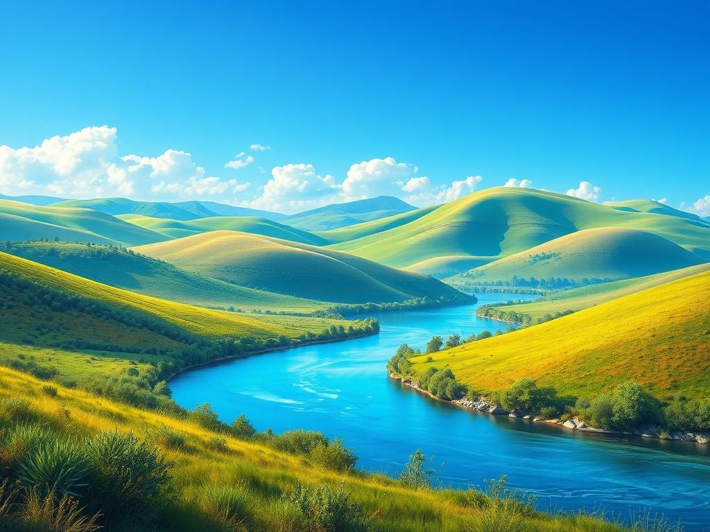 A vibrant and colorful digital artwork showcasing a serene landscape with rolling hills and a bright blue sky, featuring lush greenery and a tranquil river flowing through the scene. The composition is minimalistic, focusing on the natural beauty of the environment, with clean lines and bold colors that evoke a sense of peace and relaxation.
