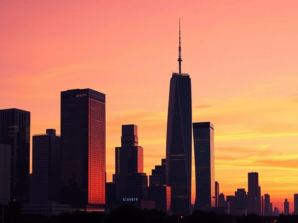A striking digital artwork of an urban skyline at sunset, with towering skyscrapers silhouetted against a warm orange and pink sky. The image captures the bustling energy of the city, highlighting the contrast between the calm sky and the vibrant city lights beginning to twinkle. The composition is clean and modern, emphasizing the architectural beauty of the city.