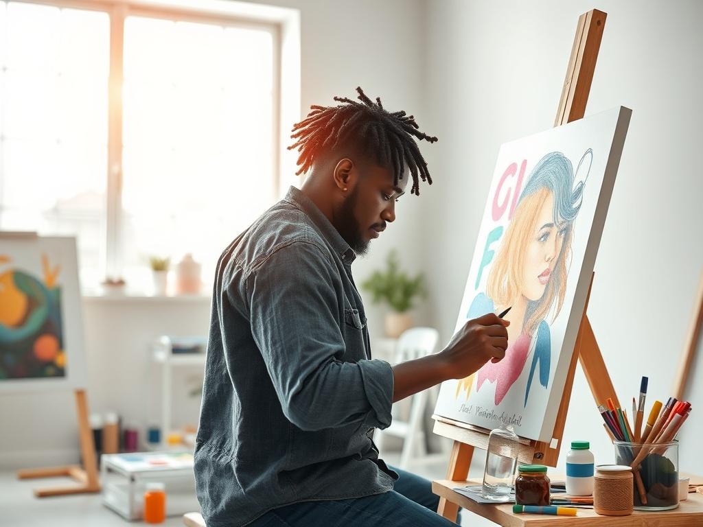 A realistic high-resolution photo of a diverse artist at work in a bright, minimalistic studio environment, creating a personalized art piece on a canvas. The artist is focused on their craft, surrounded by vibrant paints and art supplies, with sunlight streaming through a large window illuminating the space.