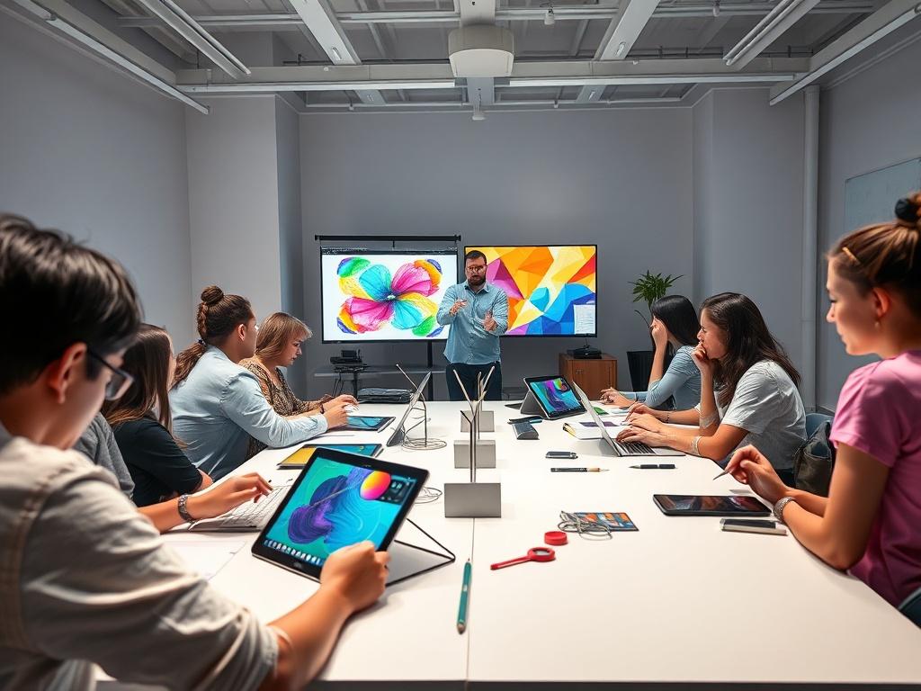A high-resolution photo of an engaging digital art workshop in a well-lit studio, featuring a diverse group of participants working on tablets and computers. An instructor is actively demonstrating techniques, while colorful digital artworks are displayed on screens.