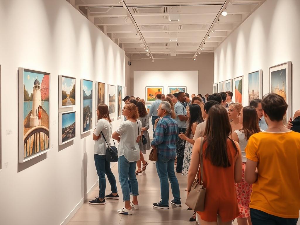 A vibrant high-resolution photo of an art gallery opening event featuring diverse people admiring digital artworks displayed on clean white walls. The atmosphere is lively, with guests enjoying refreshments and engaging in conversations, all under elegant lighting that highlights the art.