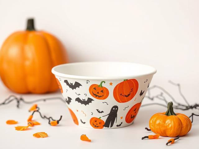 A realistic high-resolution photo of a Halloween-themed paper bowl, prominently displayed on a clean, minimalistic background. The bowl should feature vibrant Halloween designs, including pumpkins, bats, and ghosts, with a focus on vivid colors. The composition should be simple and clear, highlighting the bowl's intricate details and eco-friendly material. The lighting should be soft yet bright, emphasizing the bowl's texture and colors, creating an inviting and festive atmosphere.