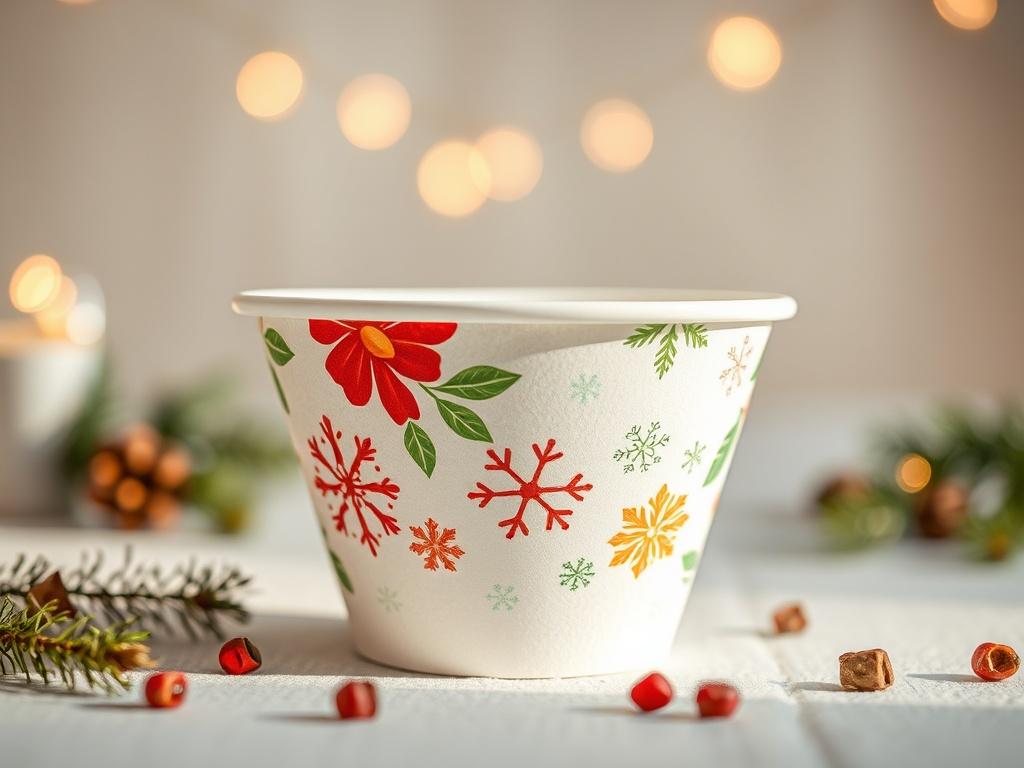 **AI Image Generation Prompt:**

Create a realistic high-resolution photo that embodies the essence of holiday celebrations using customized paper bowls and cups. The composition should be simple and clear, featuring a single, beautifully designed paper bowl placed prominently in the center of the image. The bowl should showcase vibrant, festive prints that reflect a holiday theme, such as snowflakes, ornaments, or autumn leaves, conveying a sense of joy and togetherness.

The background should be softly bl