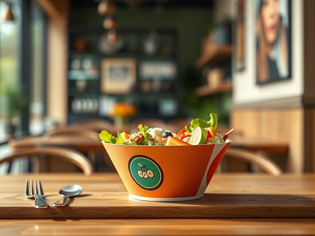 Create a realistic high-resolution image that captures the essence of effective packaging in the food and beverage industry. The composition should feature a single, beautifully designed biodegradable paper bowl with bold vibrant colors and a carefully placed logo that represents a fictitious, but visually appealing food brand. 

Place the bowl on a minimalist wooden table surface, emphasizing the clean lines of the design. The bowl should be filled with a colorful array of fresh and appetizing food items, 