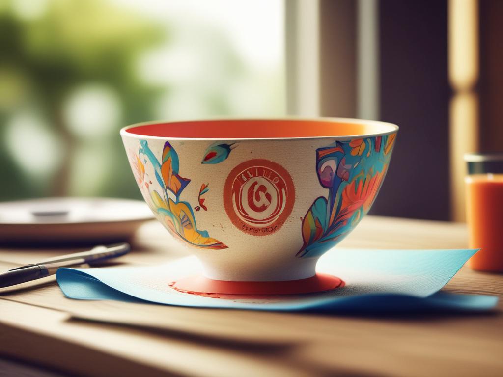 A beautifully designed paper bowl featuring a unique logo and