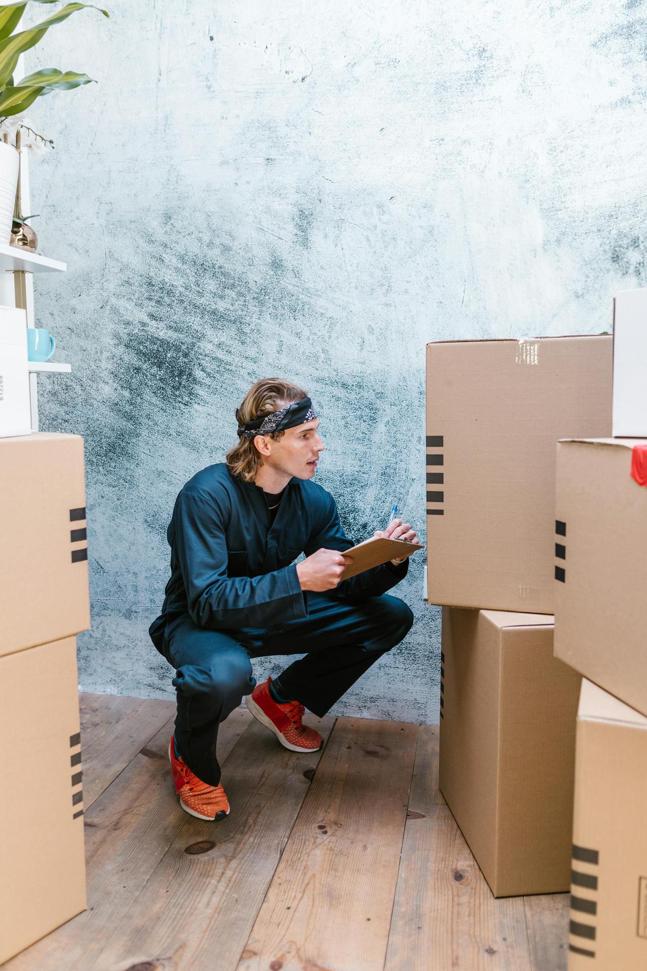A man crouches to check shipping boxes, clipboard in hand, indoors.