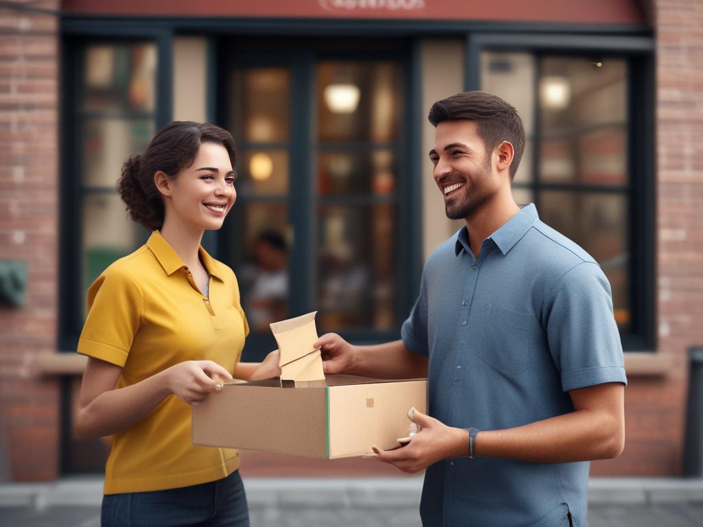 A high resolution image of a delivery driver handing over