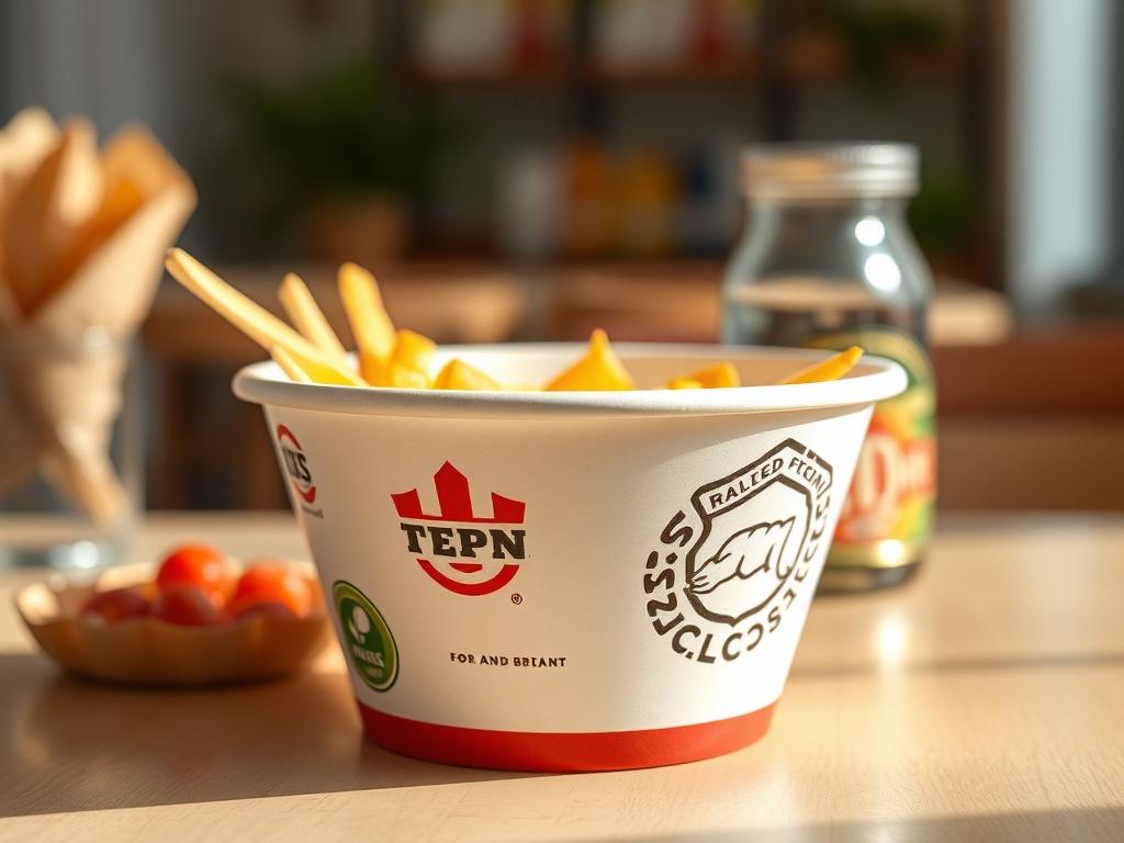 **AI Image Generation Prompt:**

Create a highly realistic, high-resolution photo focusing on a beautifully designed, single-use paper bowl that illustrates the concept of custom branding for the food and beverage industry. The bowl should be prominently displayed at the center of the composition, showcasing intricate, vibrant printed designs featuring logos and creative graphics that reflect a food brand’s identity. Ensure the bowl has a clean, biodegradable appearance, emphasizing its eco-friendly charact