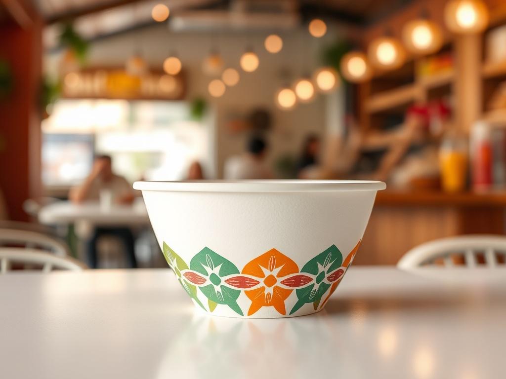 **AI Image Generation Prompt:**

Create a realistic, high-resolution photo showcasing a single-use paper bowl as the central subject of the image. The bowl should be prominently displayed on a crisp, white surface, reflecting its high-quality, biodegradable material. The design of the bowl should feature vivid, full-color custom prints, incorporating a creative and appealing pattern that captures attention, symbolizing the transformation from plain to premium packaging. 

In the background, depict a softly 
