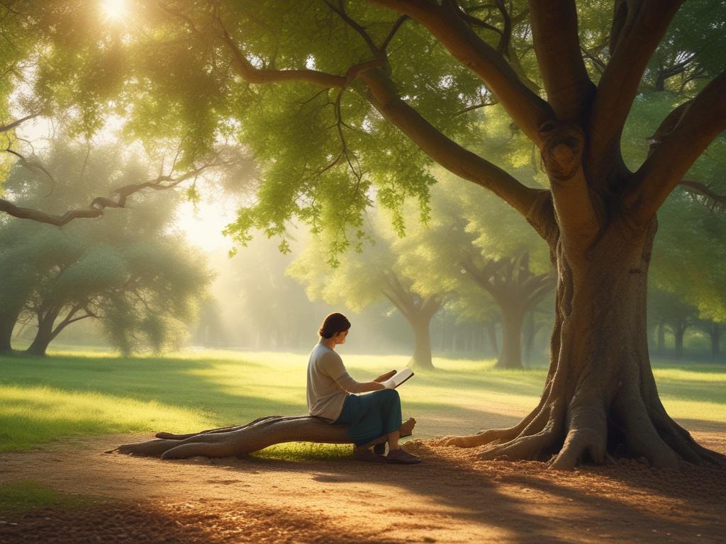A serene landscape with lush greenery, soft lighting and a