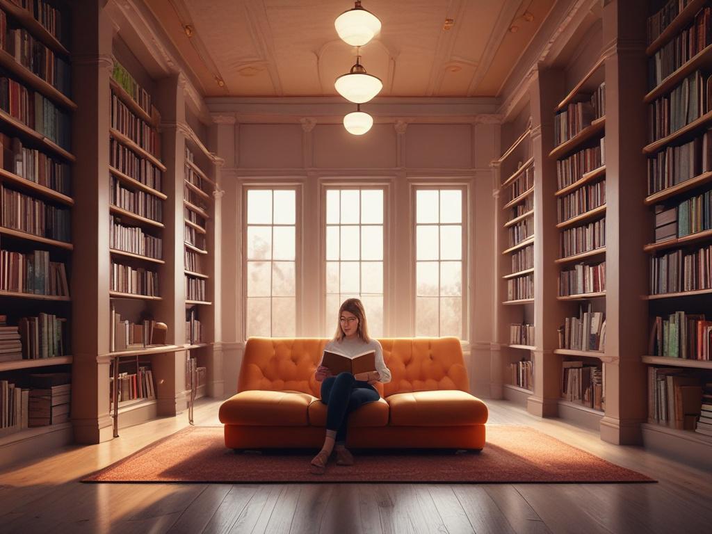 a peaceful library setting with a person reading a book,
