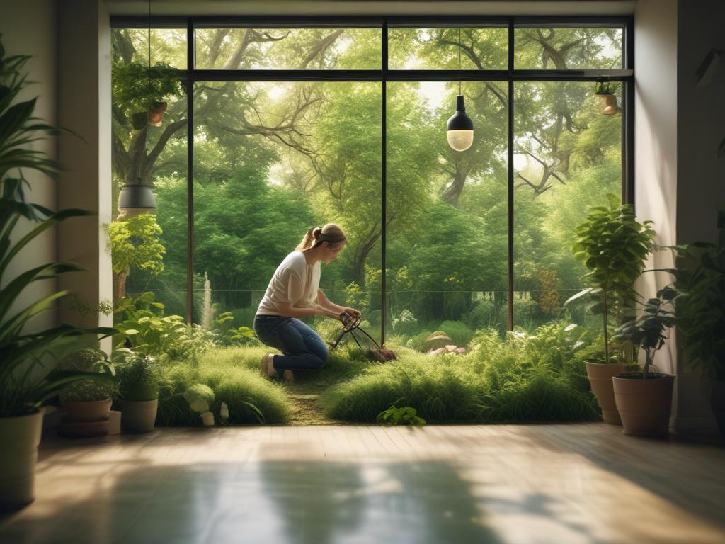 a serene nature scene depicting sustainable living, featuring a person