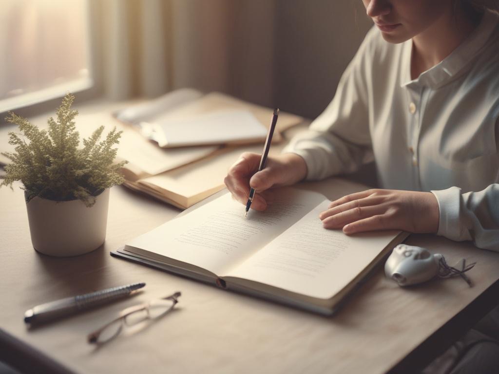 a calm and inspiring workspace, showcasing a person reflecting and