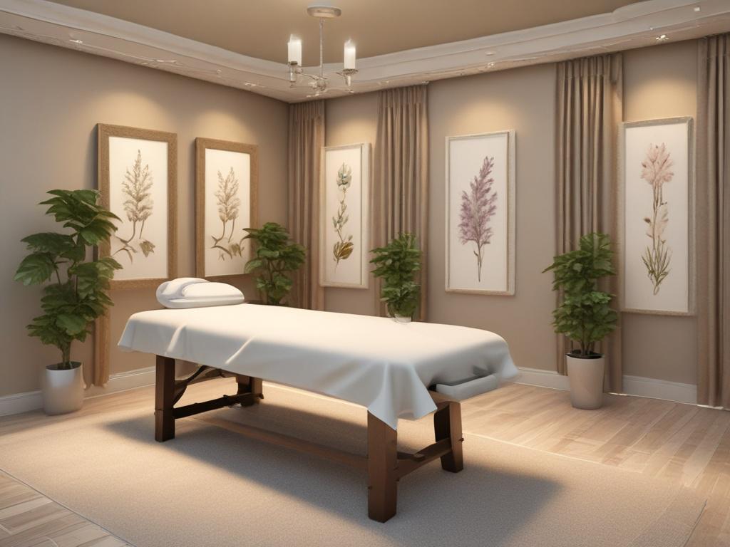 A peaceful massage therapy room with soft lighting, featuring a