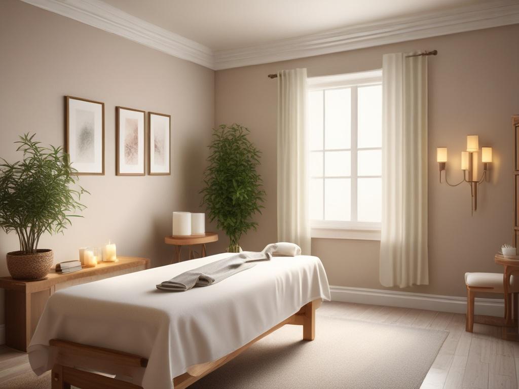 a peaceful massage therapy room with soft lighting, a comfortable