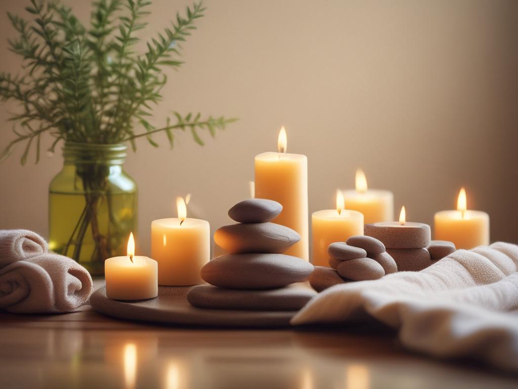 a serene spa setting with essential oils and candles, a