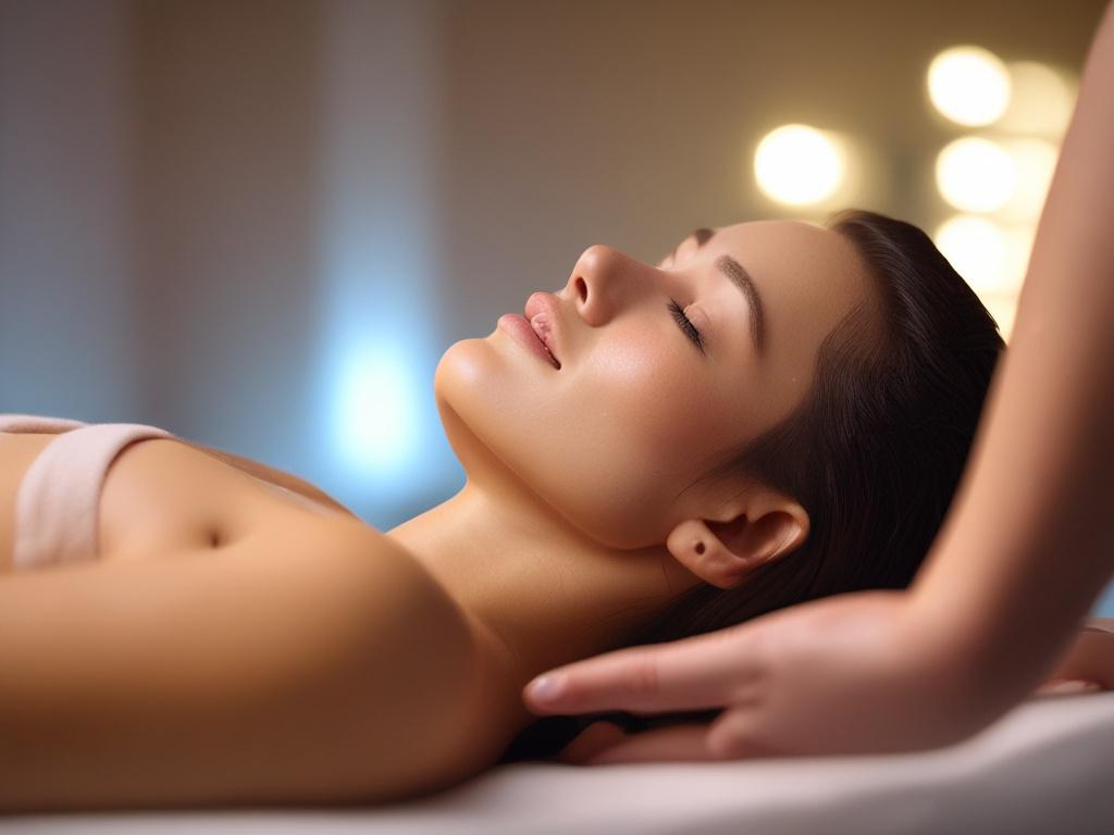 A close-up shot of a serene, relaxing massage environment with soft lighting, highlighting the smooth texture of Nuru gel on a person's skin, captured with a 45mm f/1.2 lens, focusing on the gentle hands of a massage therapist. The background should be calm and soothing, enhancing the tranquil atmosphere.