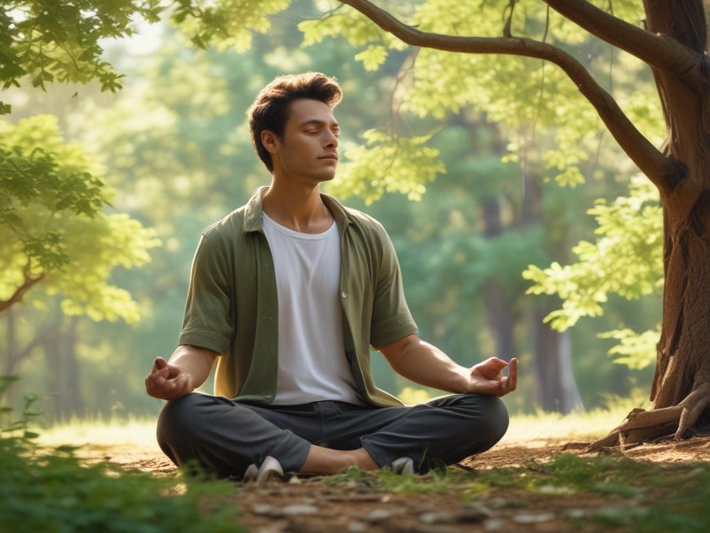 A serene scene of a person meditating in a peaceful
