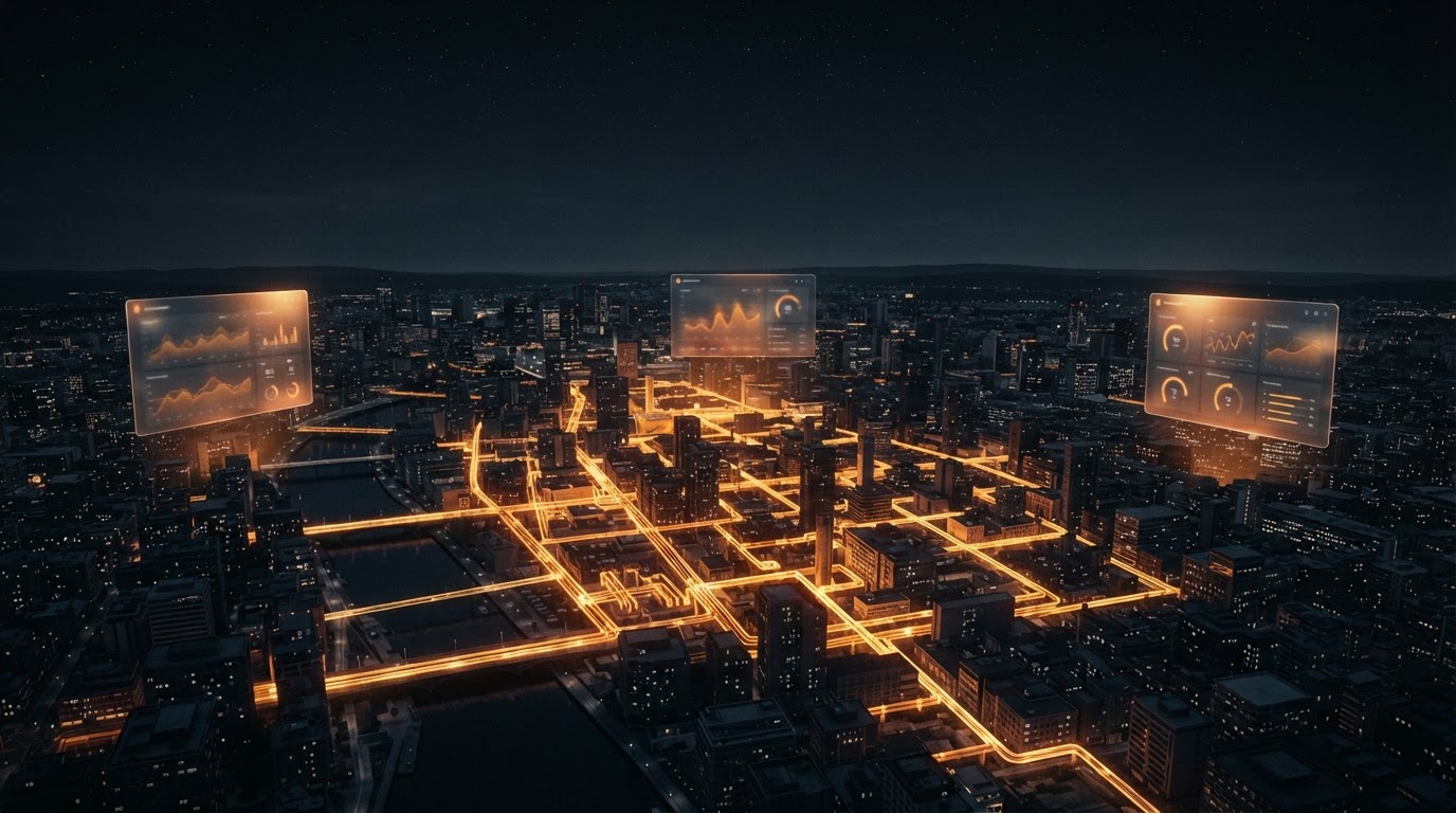 Glowing thermal map of a district heating grid over a city at night with floating glass dashboard panels