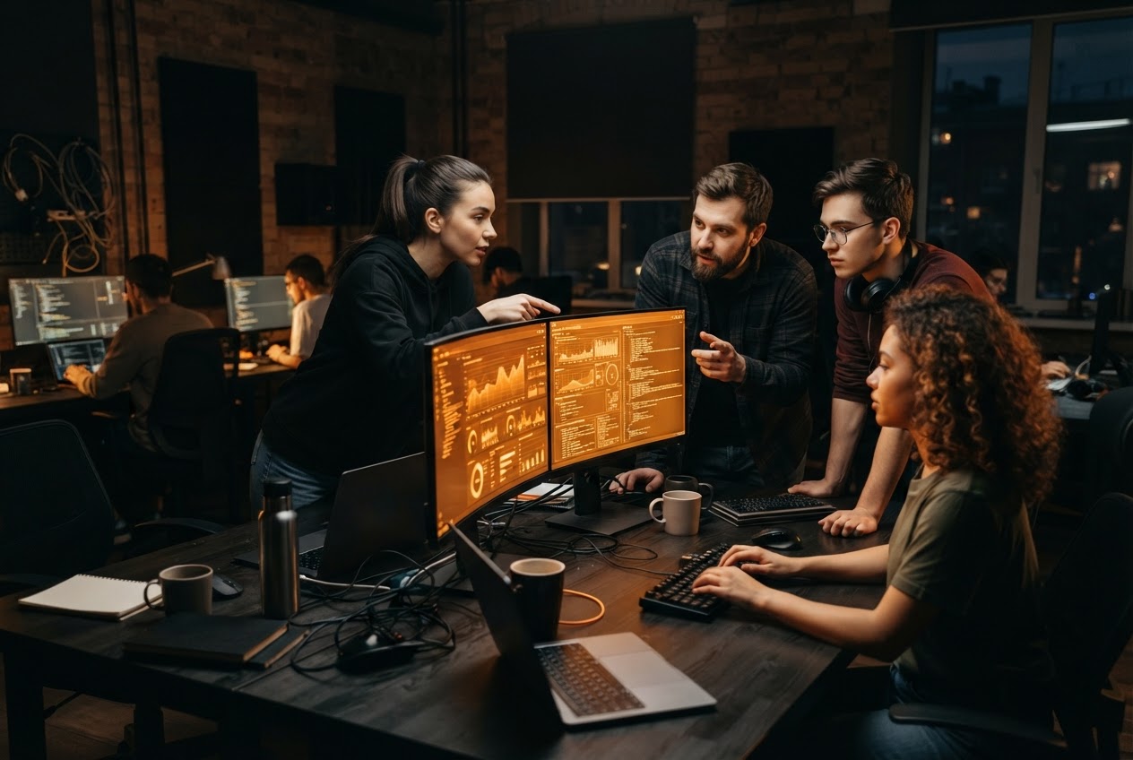Engineering team in a dark modern office reviewing glowing amber dashboards