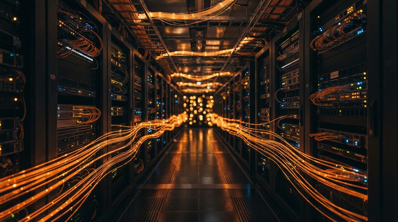Dark server room corridor with glowing amber fiber-optic light streams