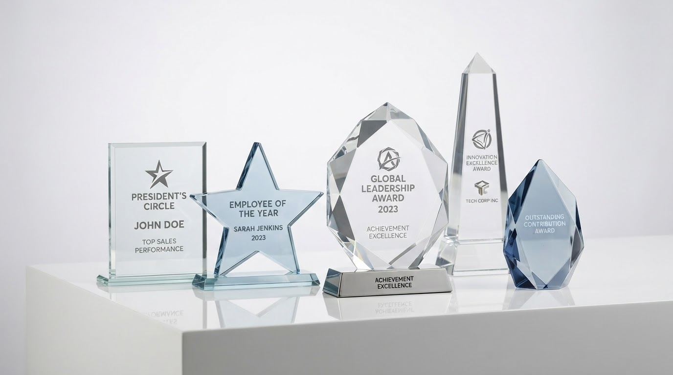 Acrylic and glass trophies displayed together