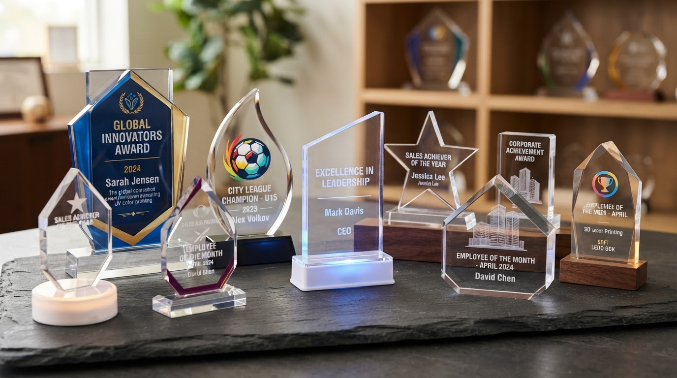 Customized acrylic trophies with various designs