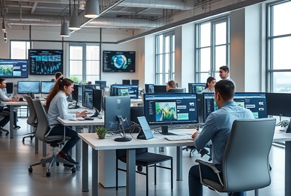 Equipo de agencia en oficina moderna trabajando en campañas publicitarias con análisis en tiempo real